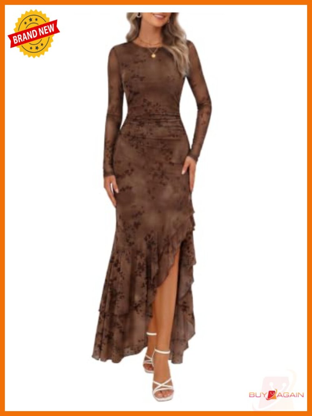 Women's Formal Maxi Dress Boat Neck Long Sleeve Mesh Wedding Guest